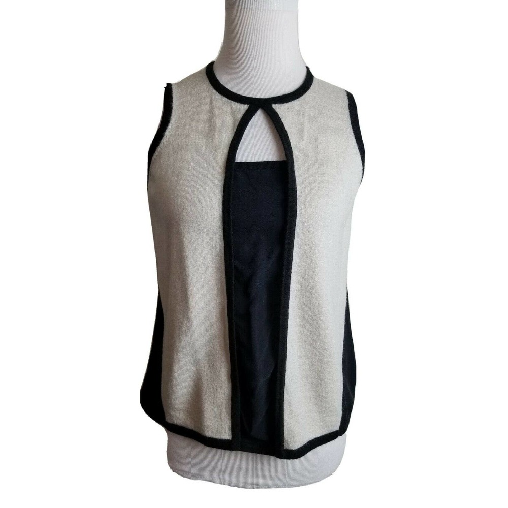 YIGAL AZROUEL Designer Top Women‎ xs Black Silk Ivory Sleeveless Cashmere Wool